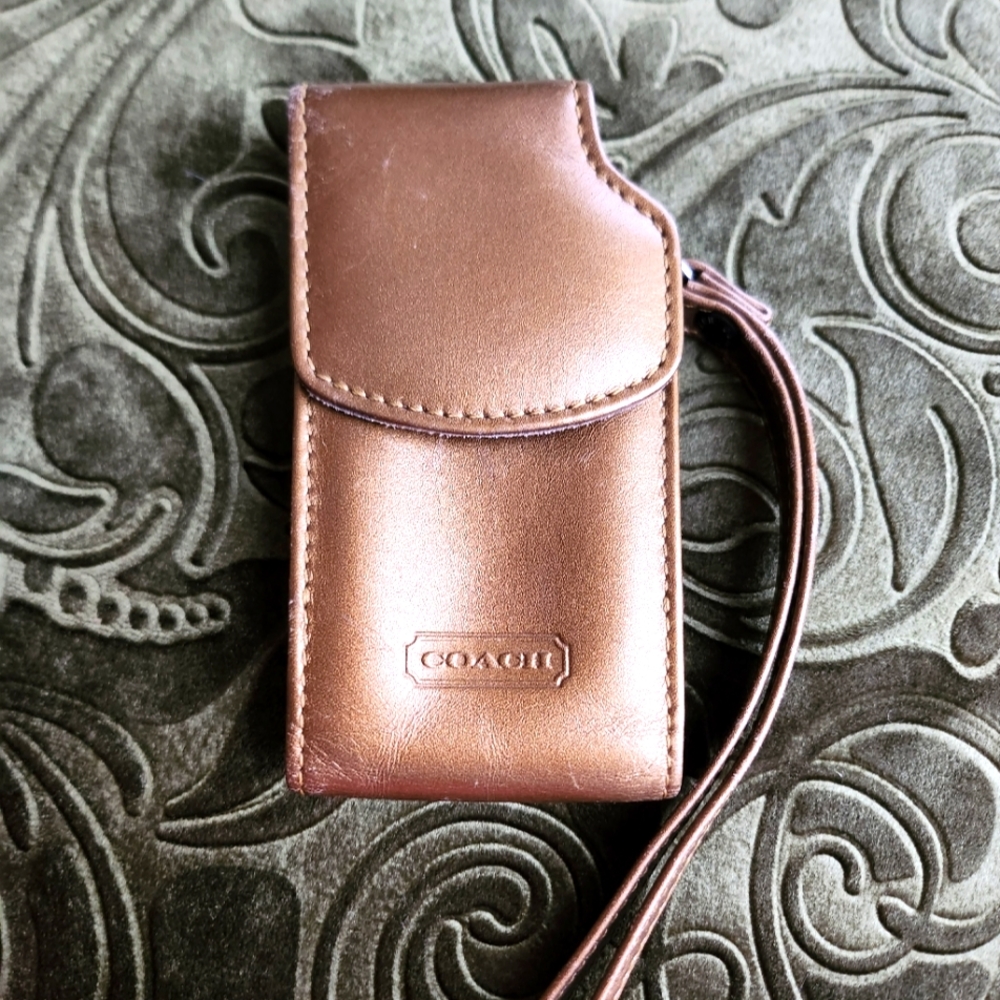Gold Coach Leather Cell Phone Case with Strap